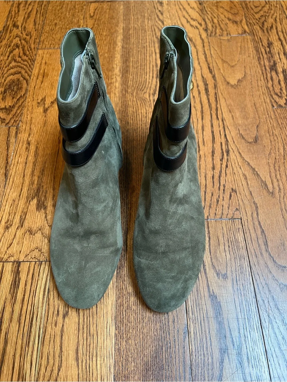 Michael Kors Olive Suede Ankle Boots with Black Straps & Gold Buttons